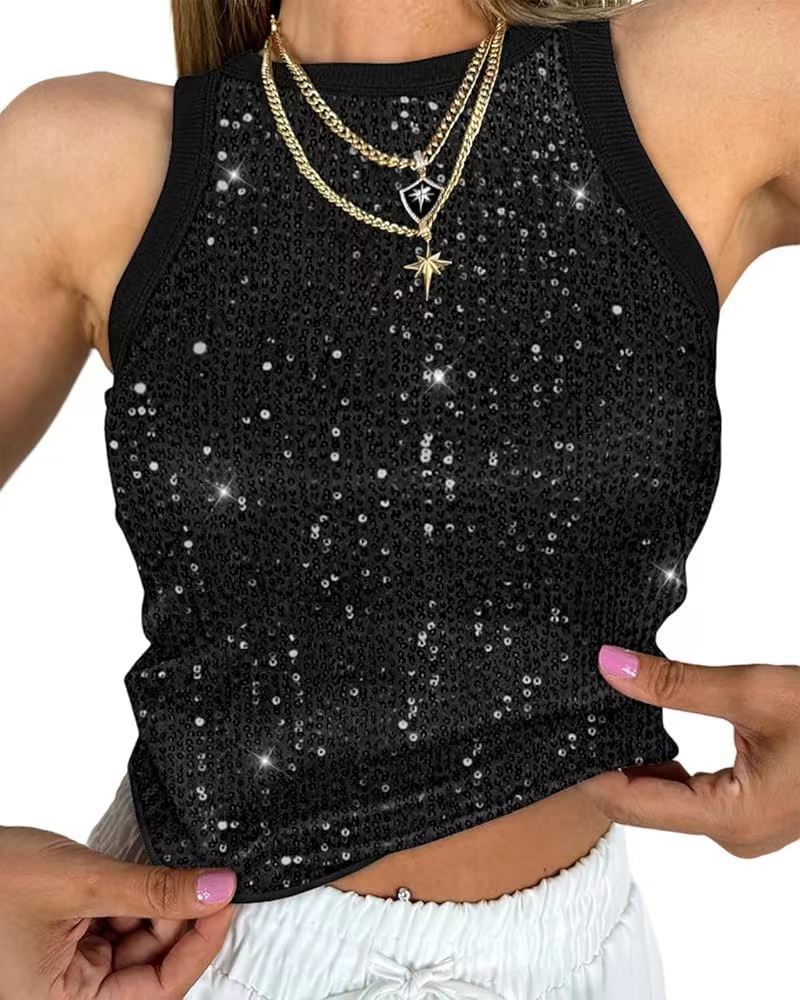 Gilet court sexy sans manches à sequins imprimé léopard