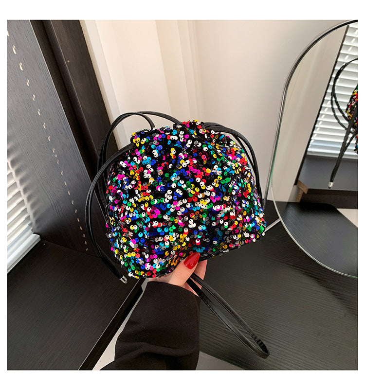 Crossbody Drawstring Pleated Design Soft Color Sequin Bag