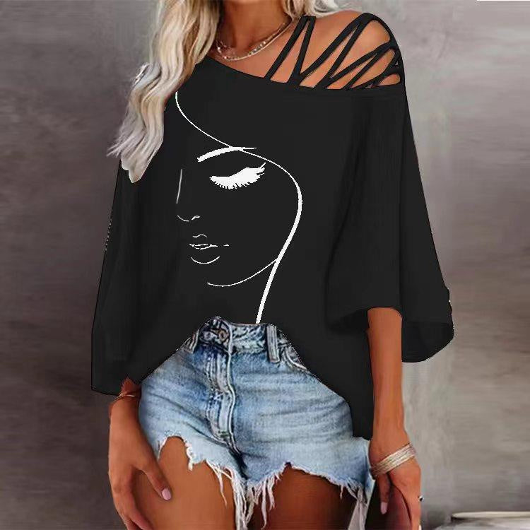 Summer Women's White Face Print Top with Princess Sleeves
