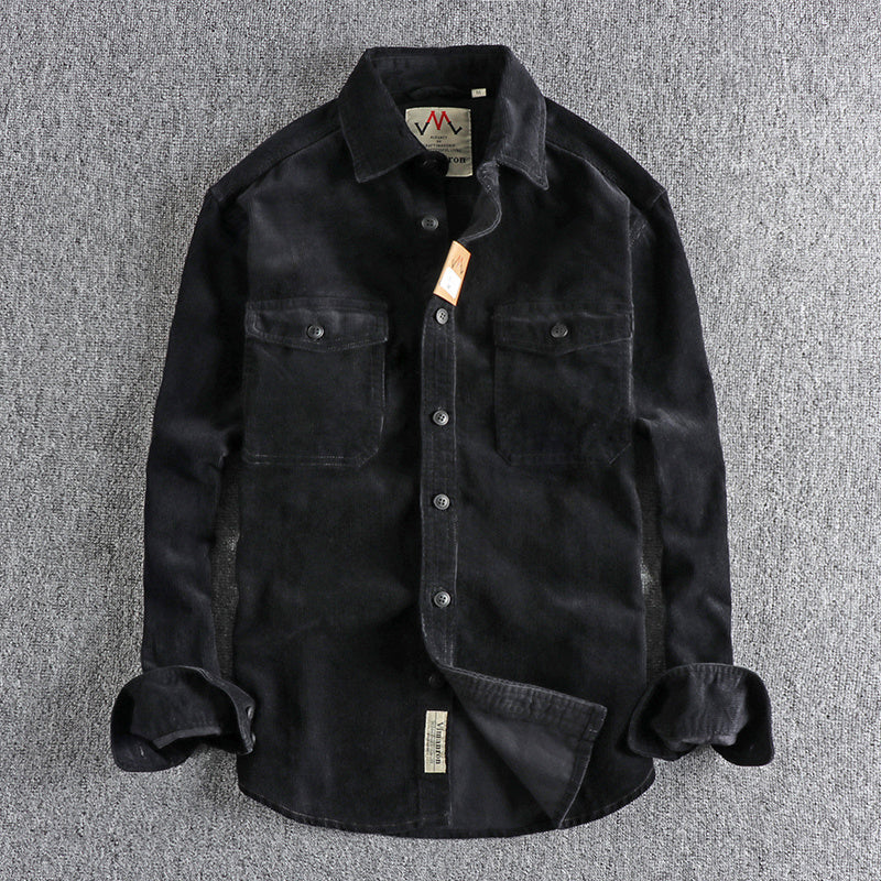 Retro Washed Wool Corduroy Long-Sleeve Shirt for Men in Multiple Colors