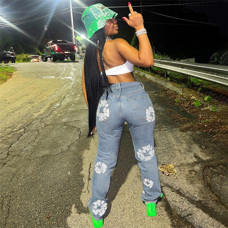 High Waist Blue Printed Straight Jeans for Women