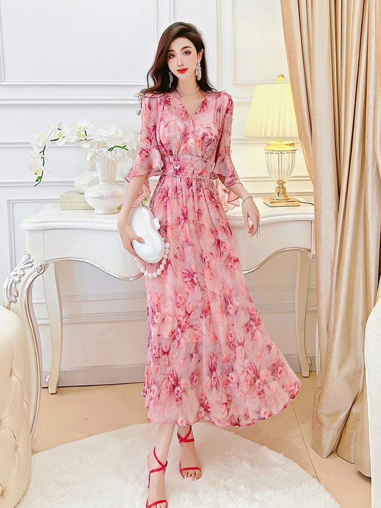 Women's Pink Floral High Waist Chiffon Dress
