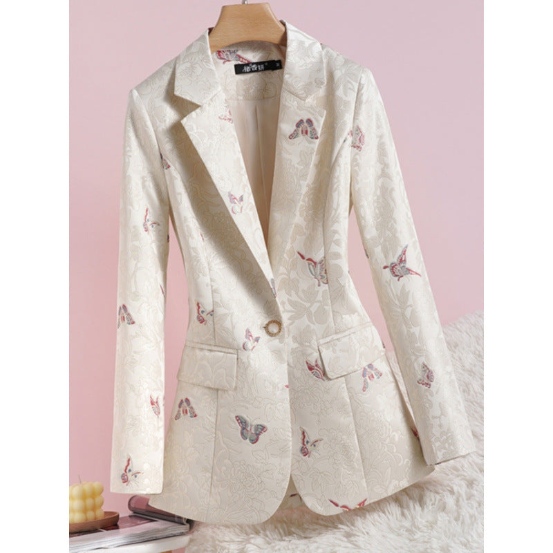 Women's Apricot Waist-Tight National Style Printed Suit Jacket