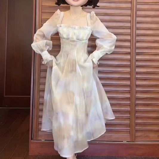 Dress With Square Collar And Waist