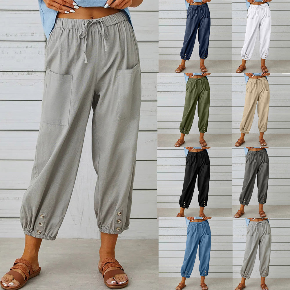 Women’s Cotton Linen Drawstring Pants With Pockets & Button - Spring Summer