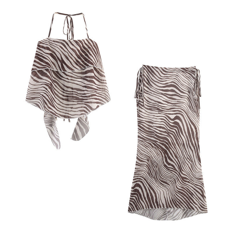 Animal Print Halter Top & High Waist Skirt Set