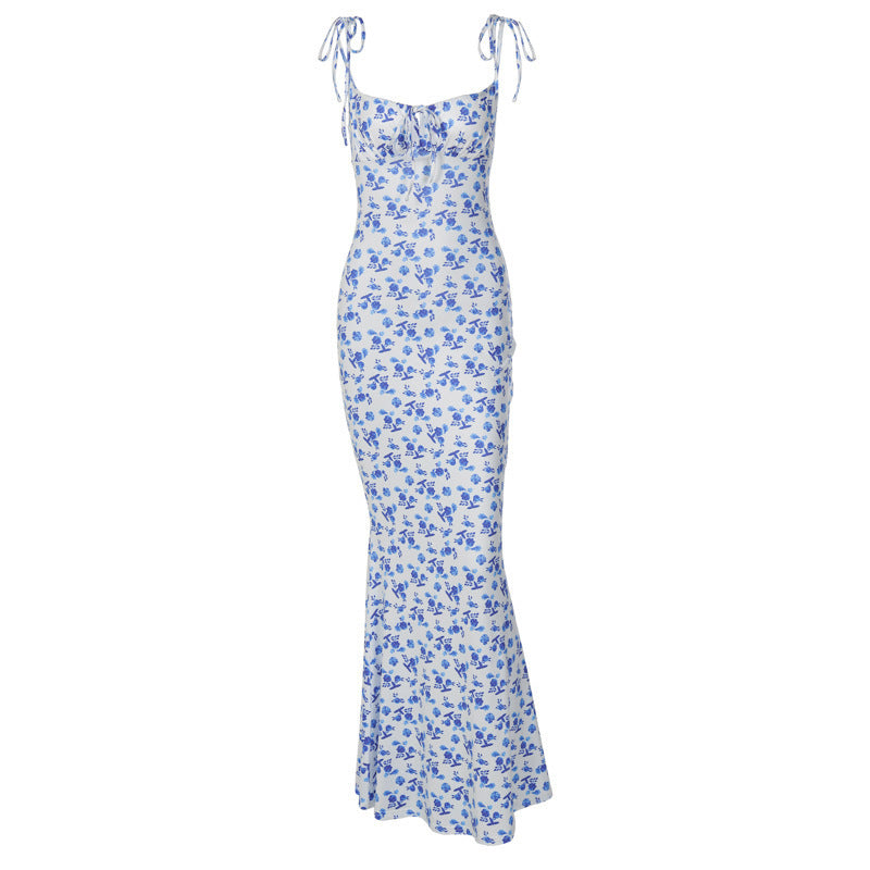 Fashion Flowers Print Summer Lace-Up Slim Backless Suspender Long Dress for Women