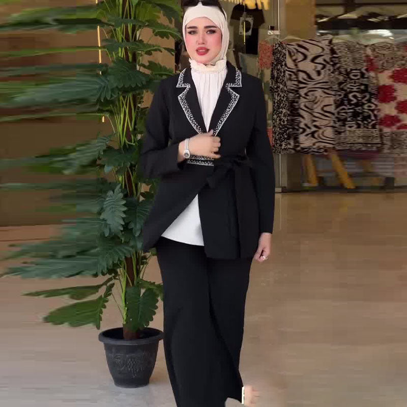 Women’s Two-Piece Suit Set Long Sleeve Coat & Pants Polyester Black Gray S-XXL