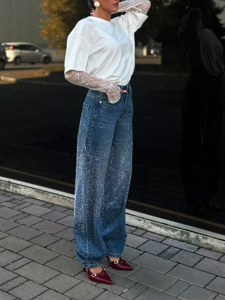 Starry Sky Rhinestone High Waist Blue Denim Straight Pants