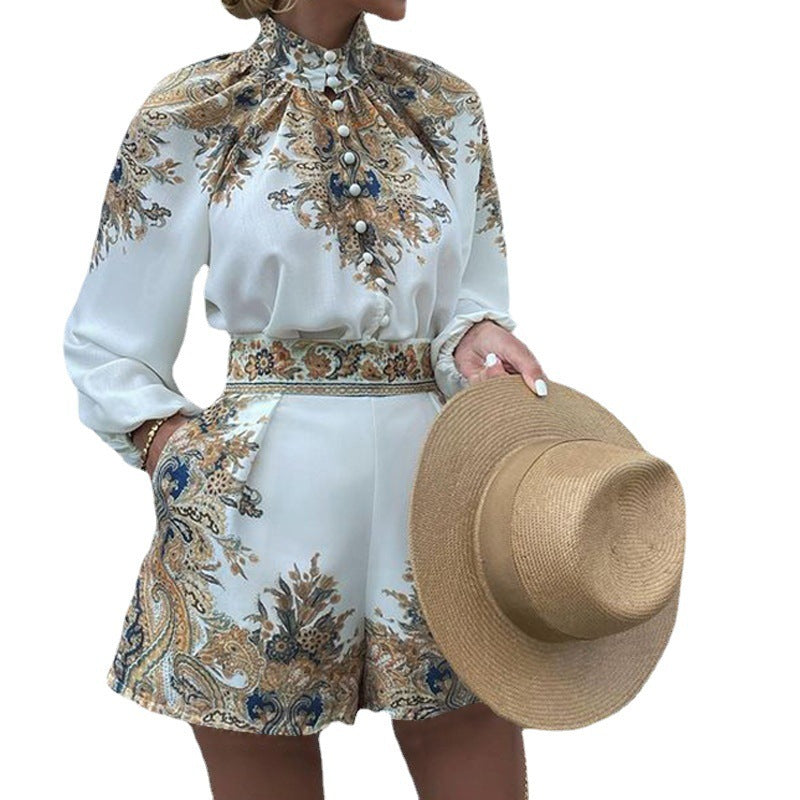 Women's Printed Long-Sleeve Top & Shorts Set