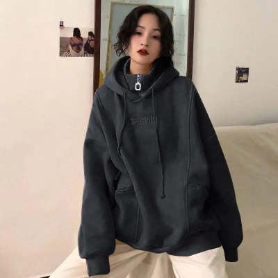 Sweat à capuche ample brodé femme automne hiver, pull chic doux en velours