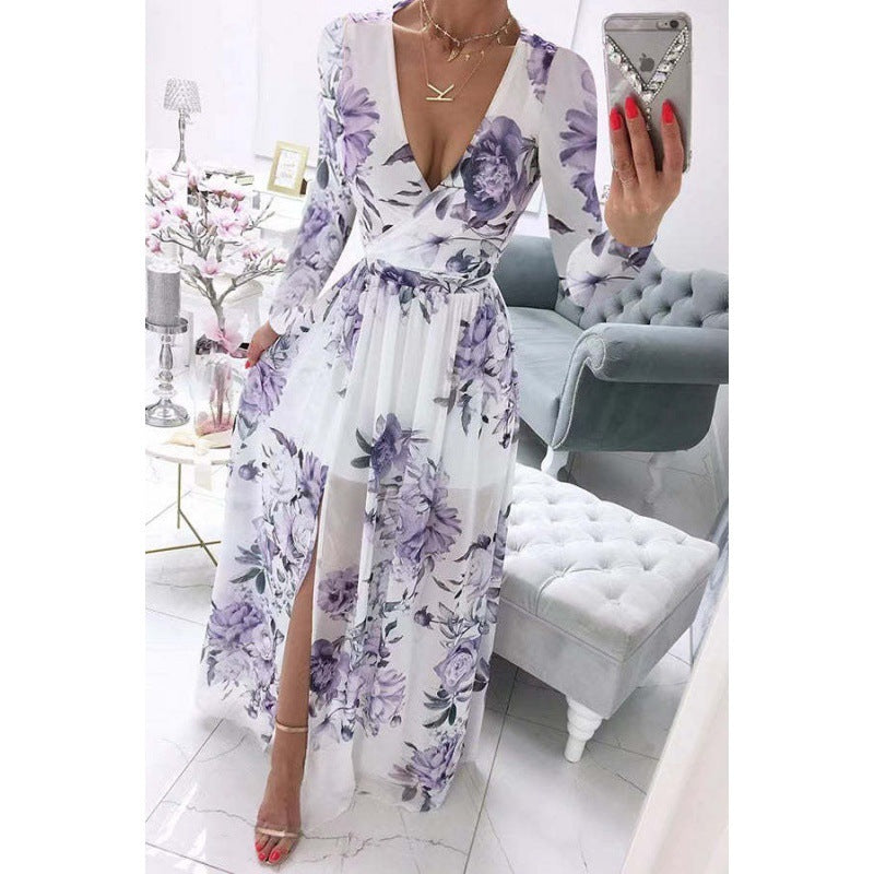Long Sleeve Printed Chiffon Bohemian Dress for Women