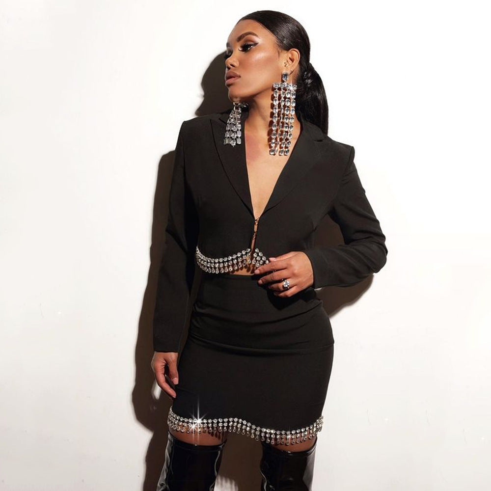 Long Sleeve Tassel Top and Short Skirt Two-Piece Set