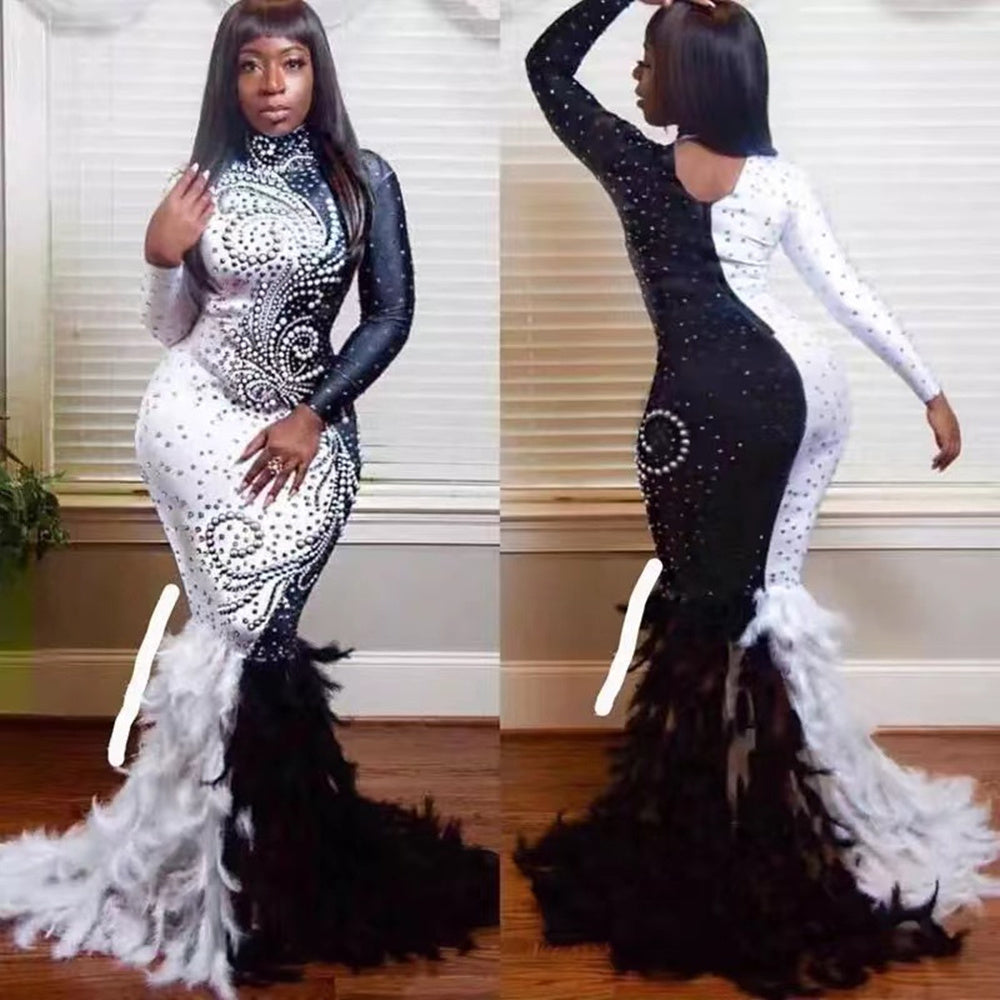 Robe Noire et Blanche en Plumes Entièrement Ornée de Diamants à Manches Longues