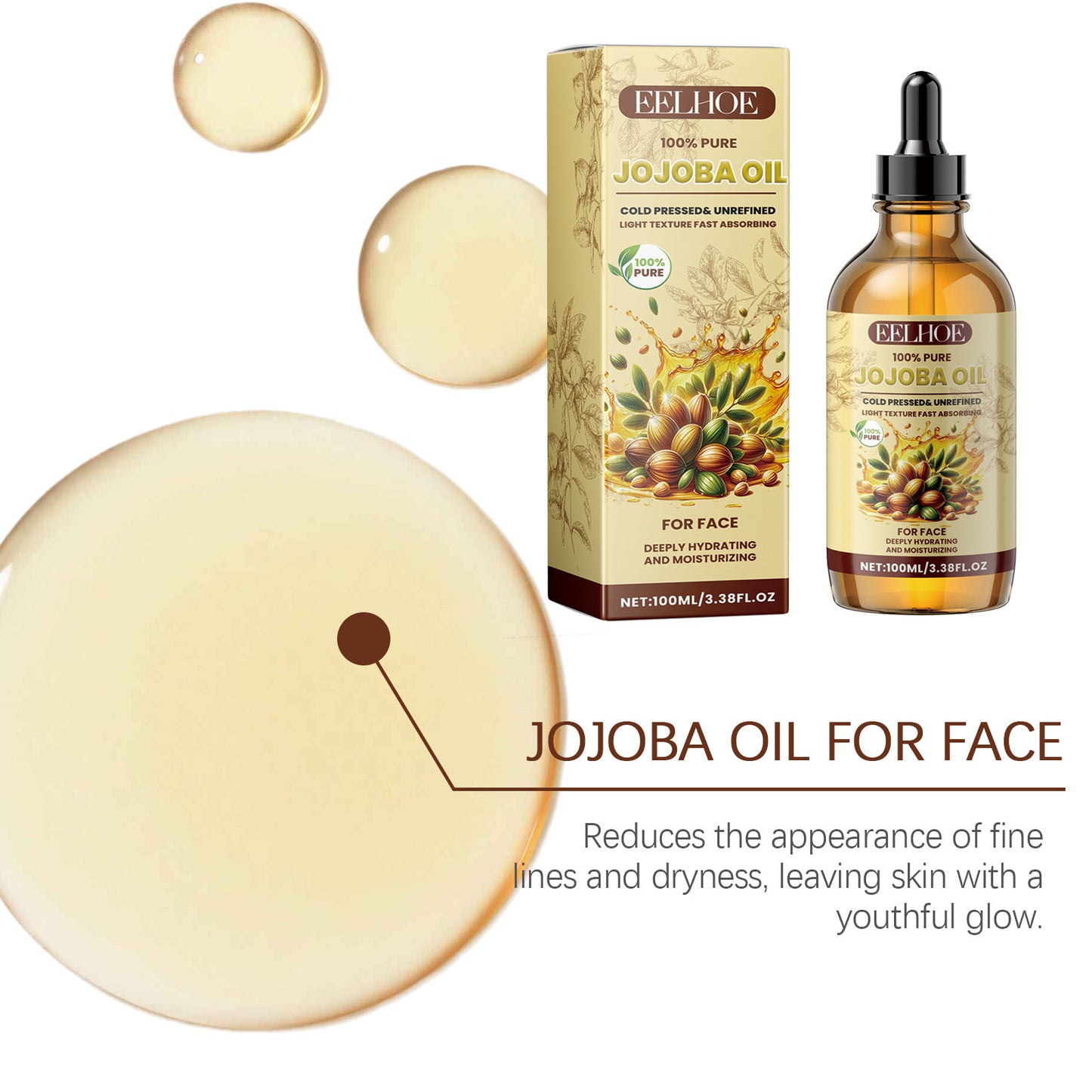 Huile de jojoba EELHOE pour le visage - Hydratante, éclaircissante et raffermissante