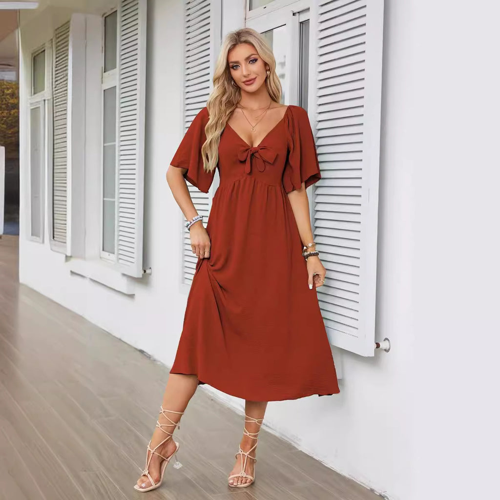 Women's Spring Summer Bow V-Neck Pleated Mid-Length Short Sleeve Dress