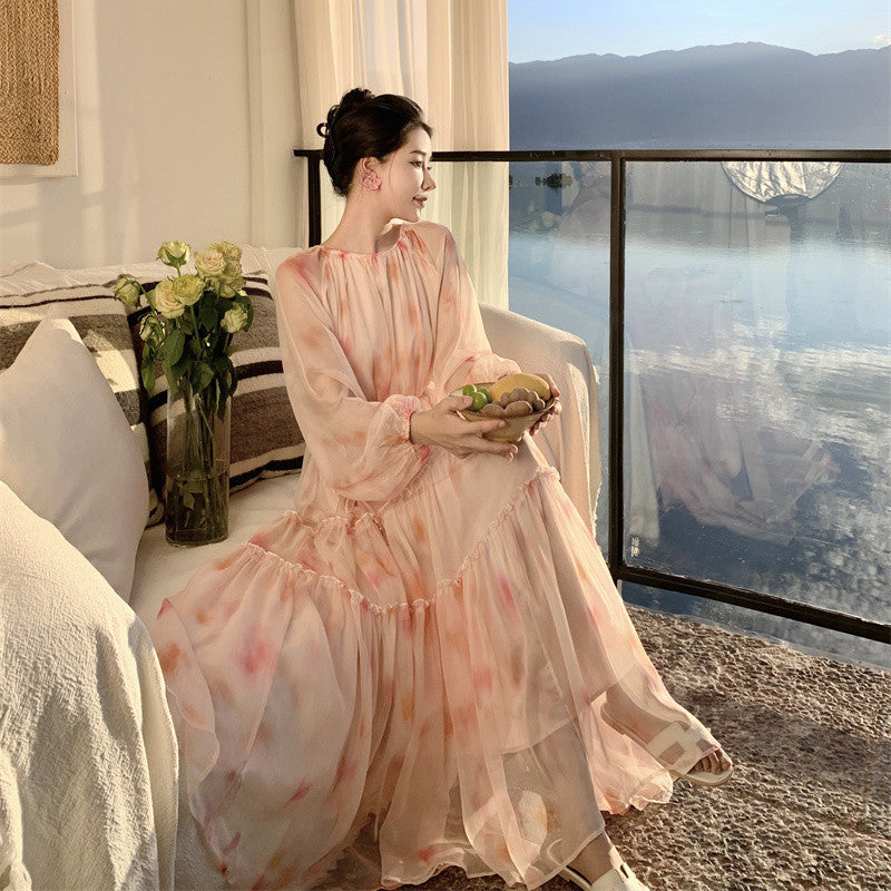 Robe trapèze en mousseline fleurie à la française pour femme