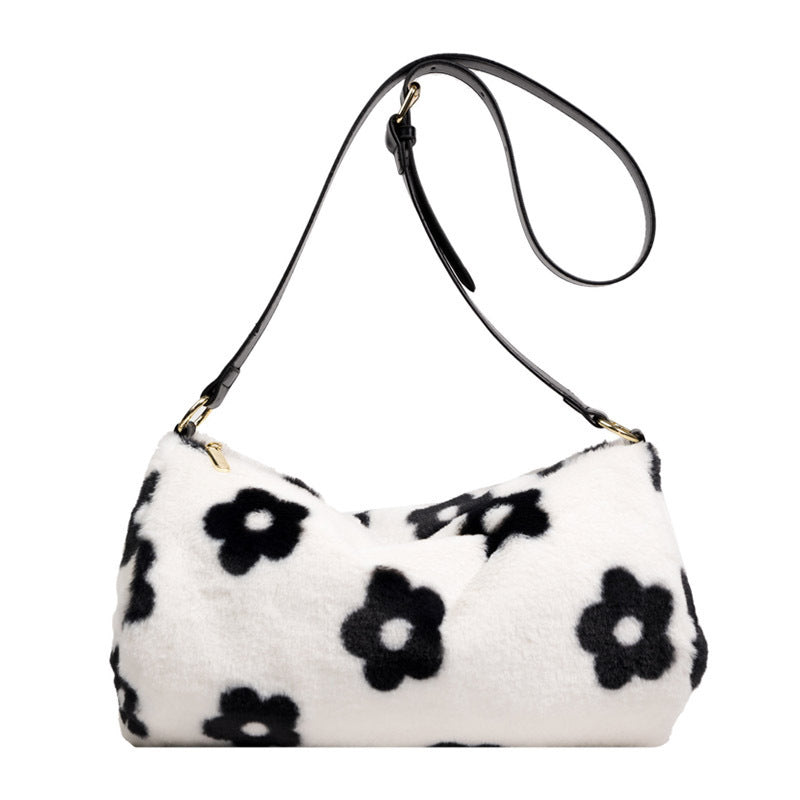 Ladies Winter New Plush Flower Check Bucket Bag