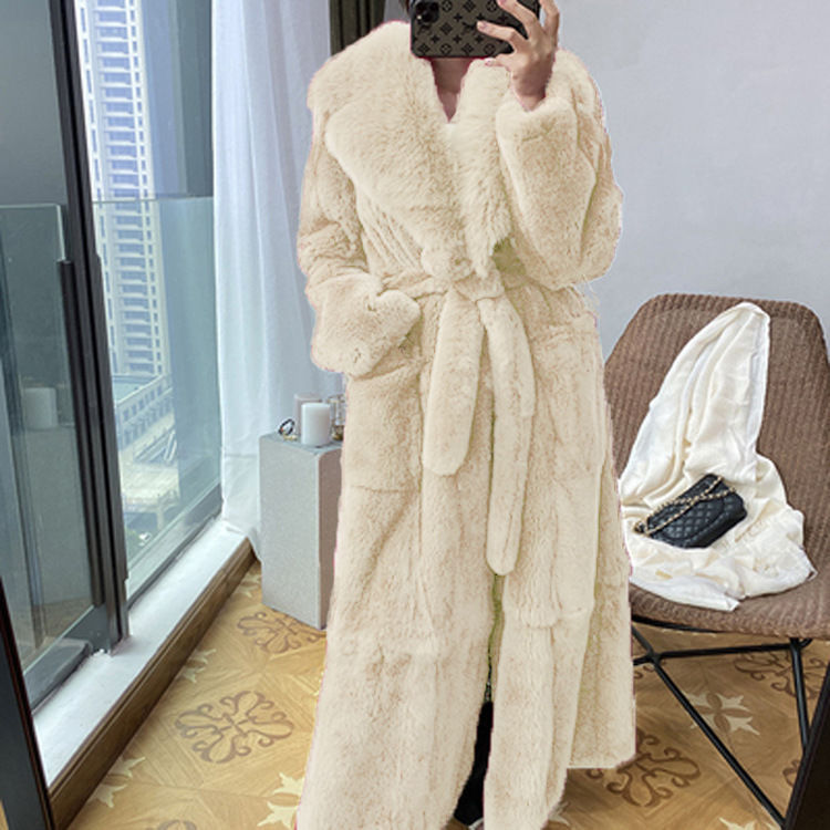 Women's Mid-Length Faux Rabbit Fur Coat – Urban Casual V-Neck