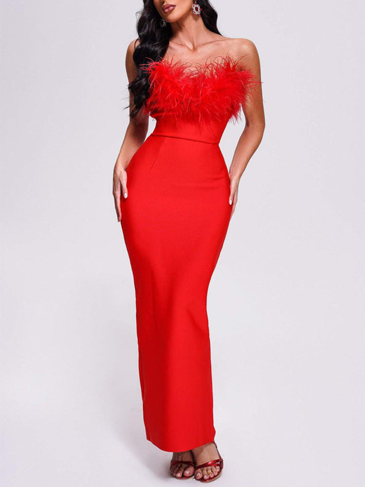 Robe bustier en fourrure d'autruche pour femme en noir, blanc, rouge rosé et rouge, tailles S-XL