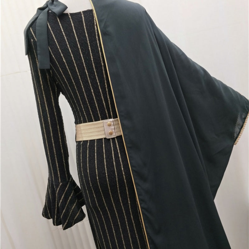 Robe-kimono rayée deux pièces style royal avec broderie de perles et cape Talma pour femmes musulmanes