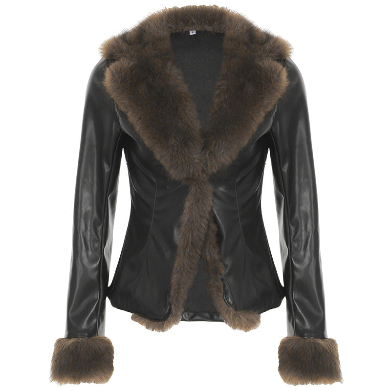 American Street Black Faux Fur Collar Leather Coat