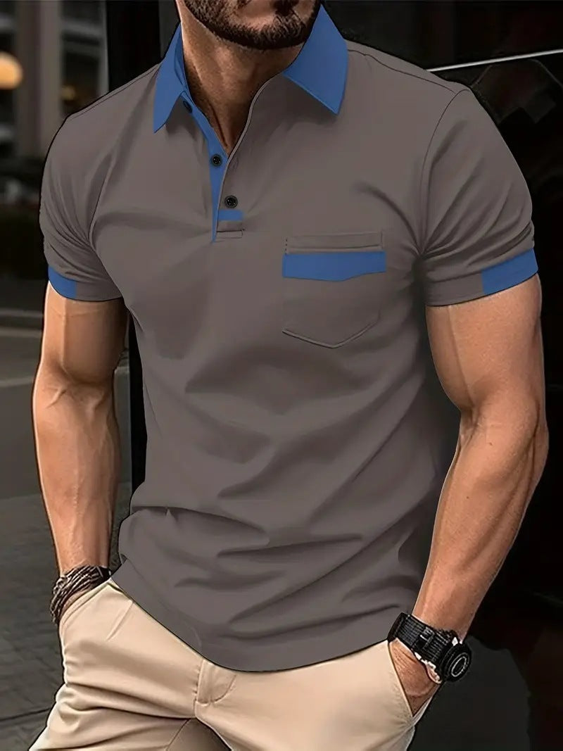 Men's Color Matching Pocket Polo Shirt with Zipper Detail