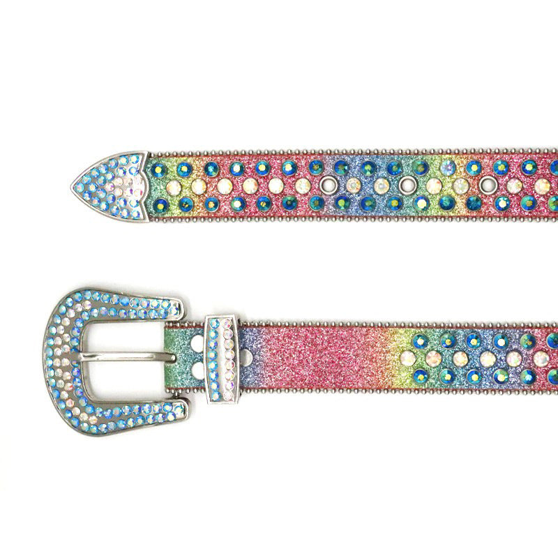 Fashion Rhinestone Thin PU Leather Belt for Women and Men