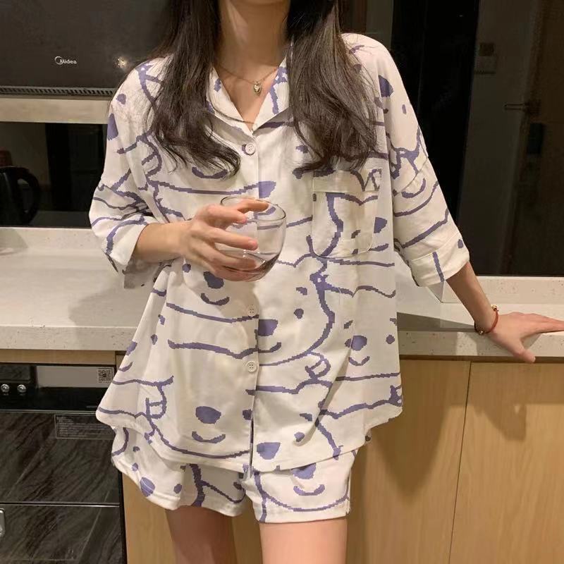 Ensemble de pyjama fin à cardigan pour femme, style japonais, dessin animé mignon