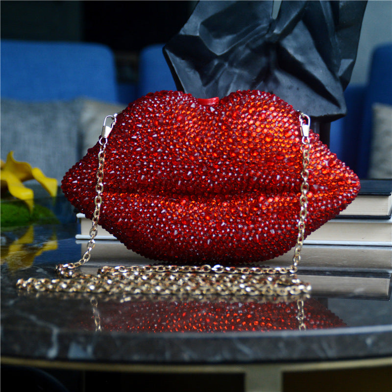 Rhinestone Red Acrylic Lip Chain Dinner Bag 23x13.5x6.5cm
