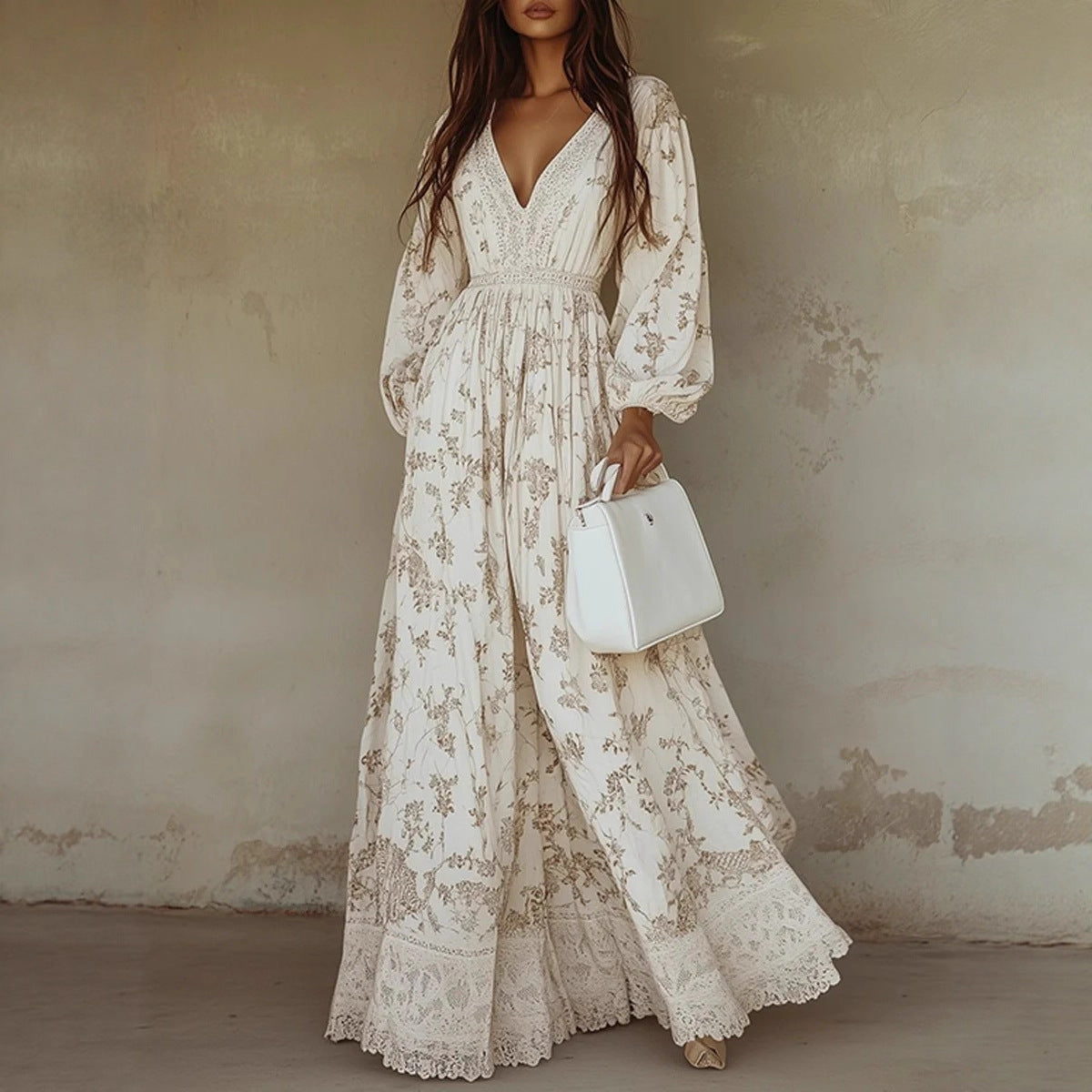 Robe longue à imprimé et dentelle de style occidental, manches longues pour l'automne-hiver