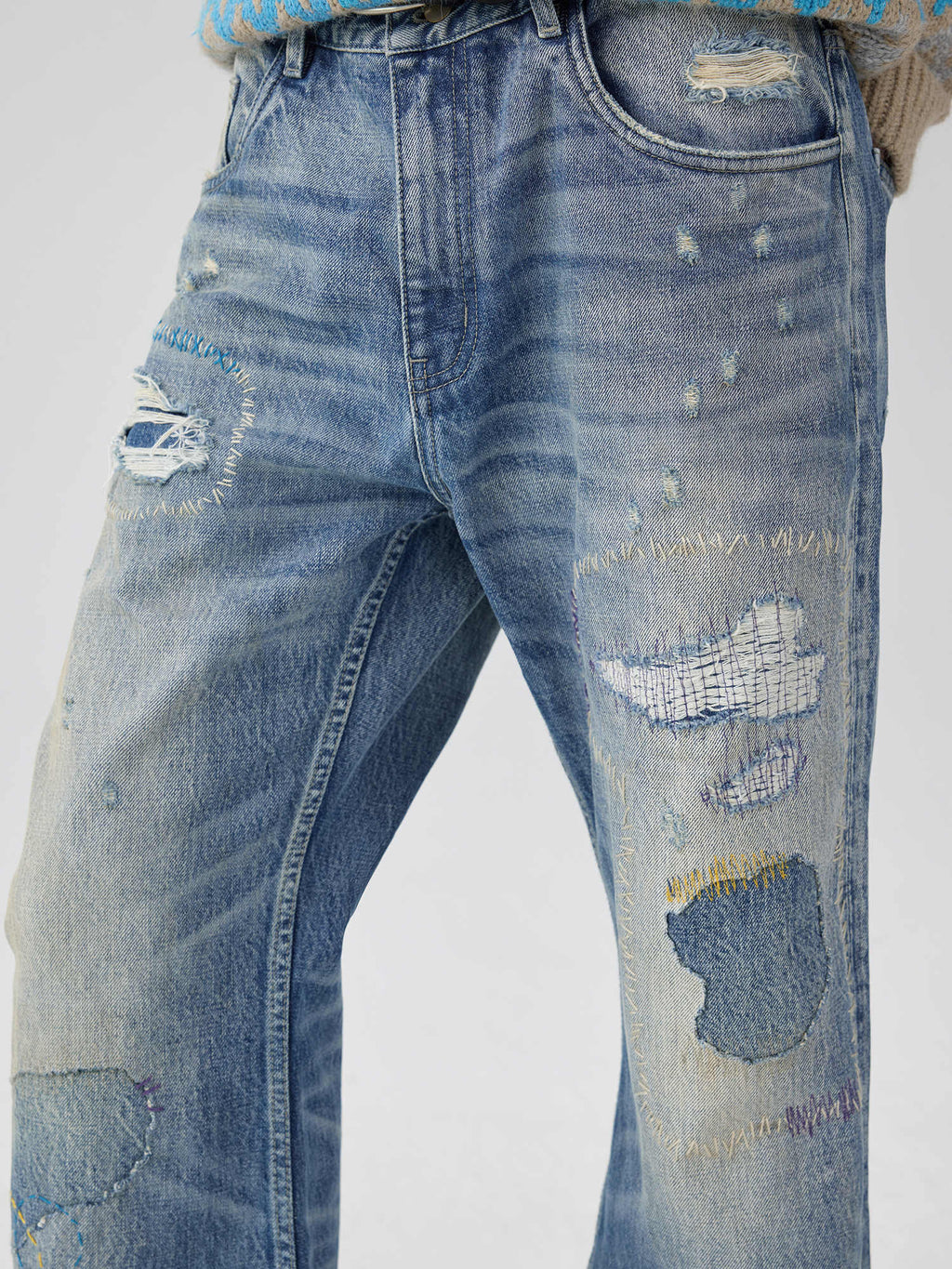 Washed Blue Mid Waist Flared Denim Jeans with Patch & Wire-Track