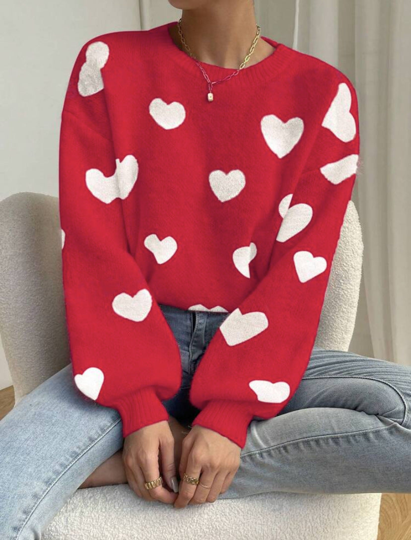 Love Contrast Color Round Neck Loose Casual Pullover Long Sleeve Sweater