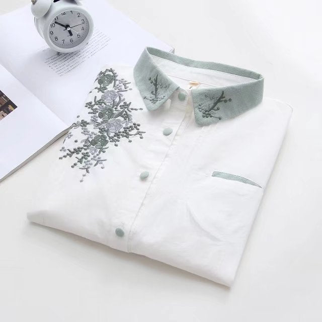 Women's Embroidered Cotton Long-Sleeve Shirt, Loose Fit