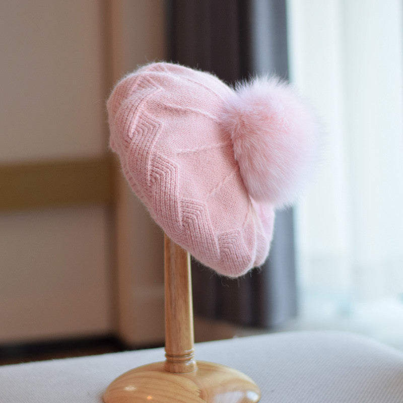 Bonnet en laine tricotée pour femme avec pompon en fourrure de renard, automne-hiver, taille M (56-58 cm)