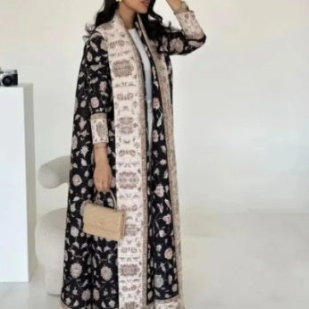 Pleated Trench Djellaba Printed Shawl Cardigan Ethnic Cloak Coat for Middle East Women
