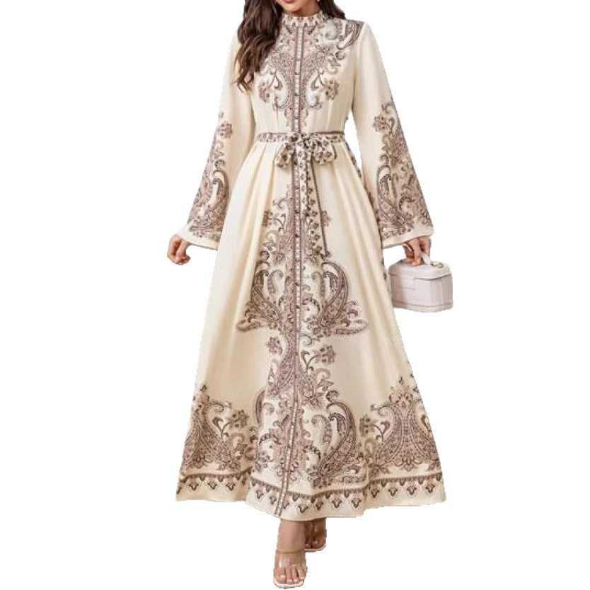 Ivory White Wavy Edge Retro Middle Eastern Lantern Sleeve Dress