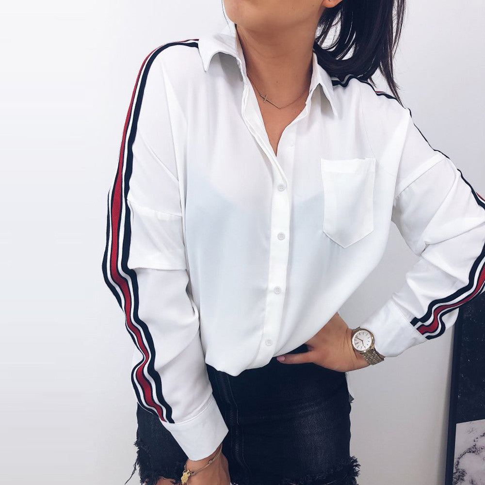 Women’s Casual White Stripe Long Sleeve Button Blouse