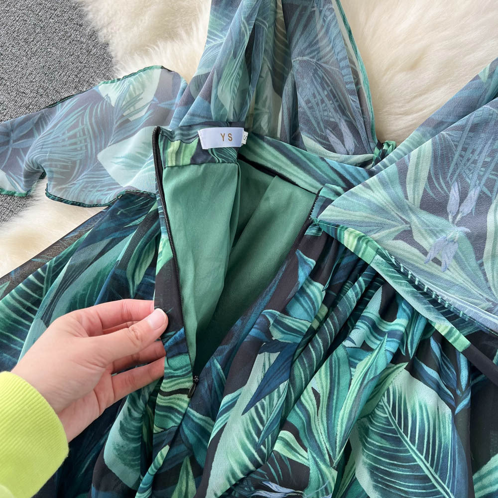 Lace-Up Printed Chiffon Beach Dress for Women