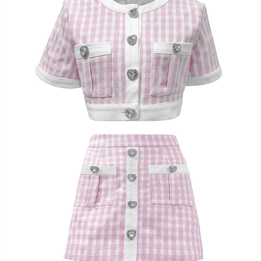 Ensemble à carreaux Little Chic avec boucle en strass roses