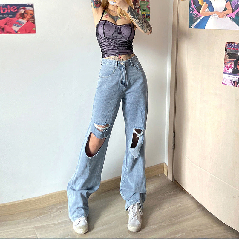 Summer Women's Ripped High Waist Wide Leg Jeans