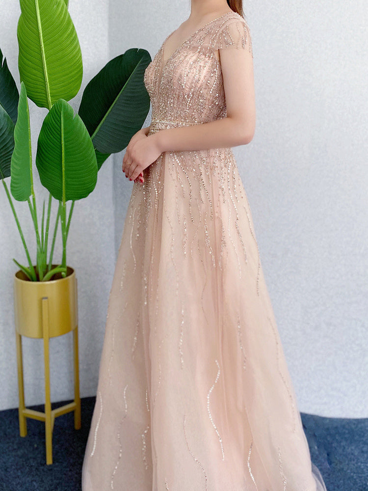 Women's Noble Slim Mesh High-End Evening Dress in Gray Champagne Gold