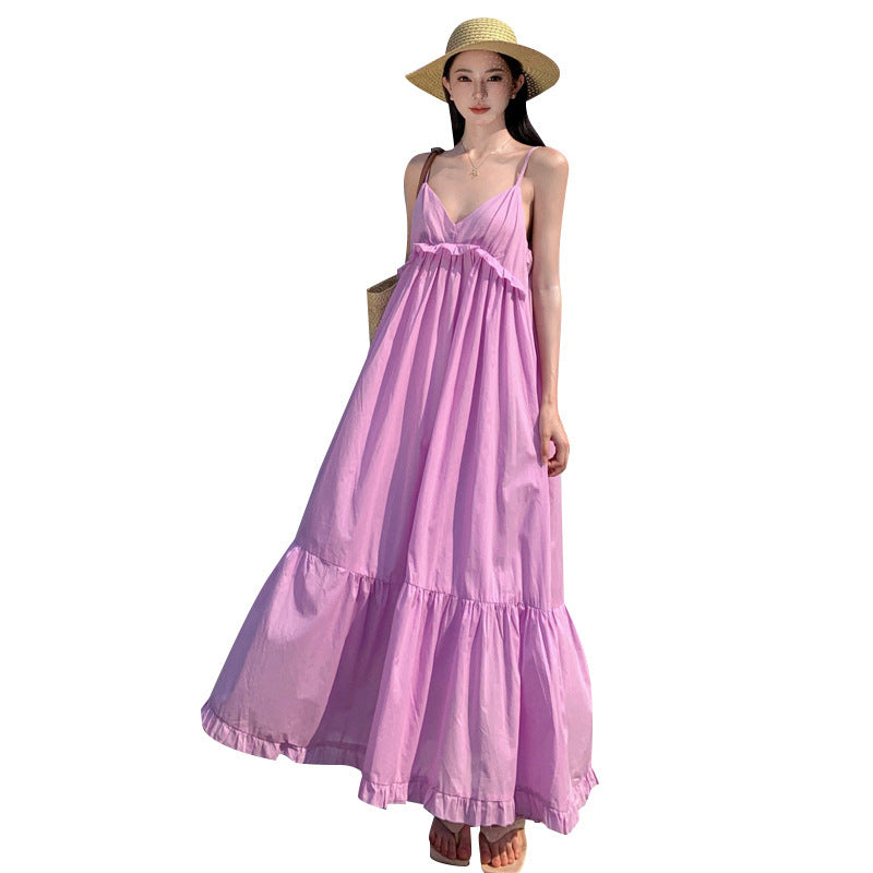 Purple Ramie Cotton French Strap Seaside Dress