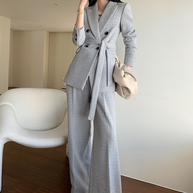 Women's Gray White Striped Wool Suit Coat with Wide Leg Trousers