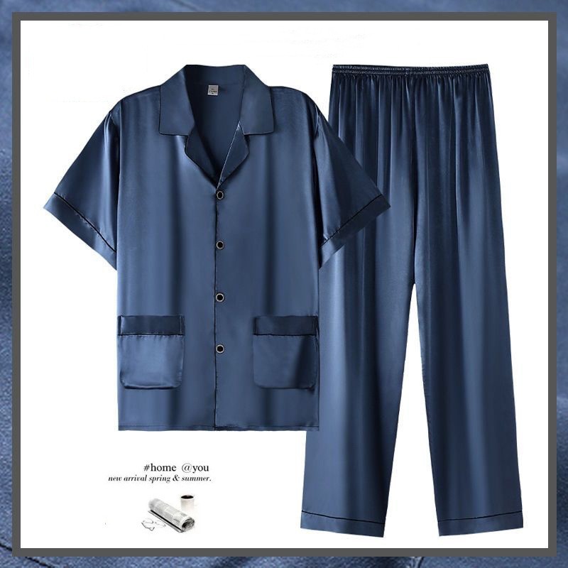 Men's Summer Thin Ice Silk Short Sleeve Homewear Suit with Trousers