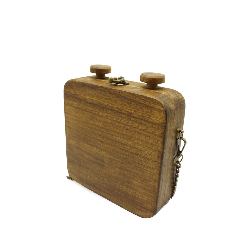 Sac bandoulière rétro chat en bois 20cm marron foncé