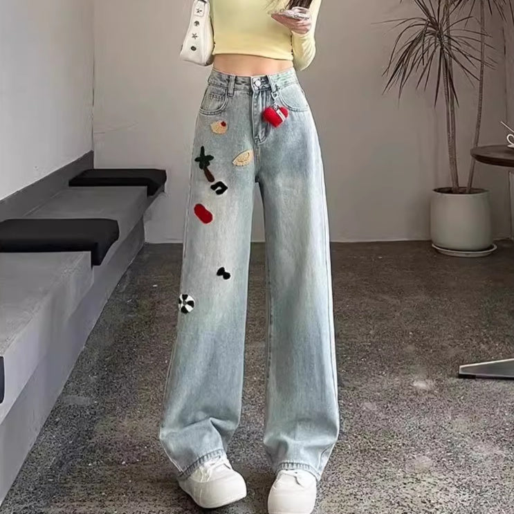 Women's High Waist Embroidered Wide-Leg Jeans Straight Mopping Pants