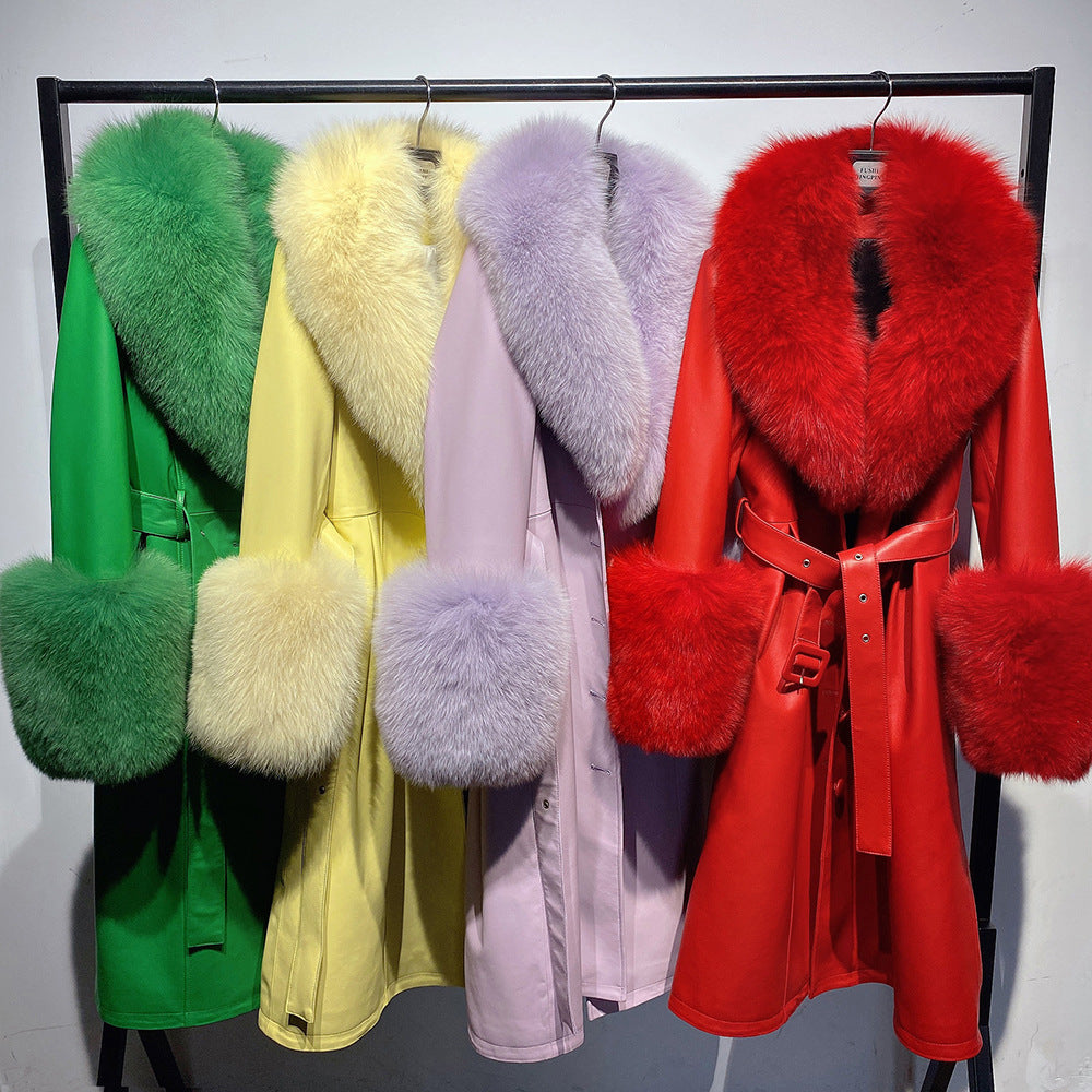 Slim-Fit Genuine Leather Sheepskin Coat with Fox Fur Collar
