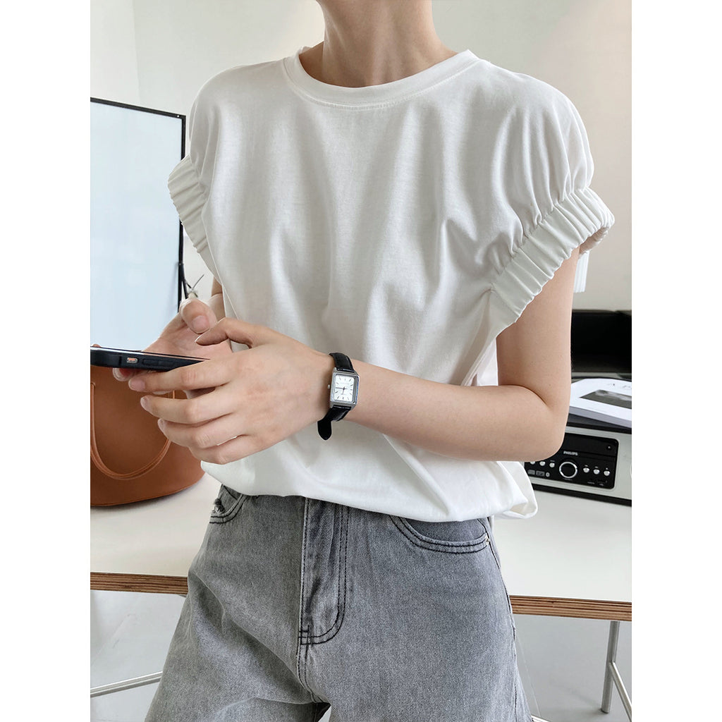 T-shirt plissé ample en coton à manches courtes pour femme