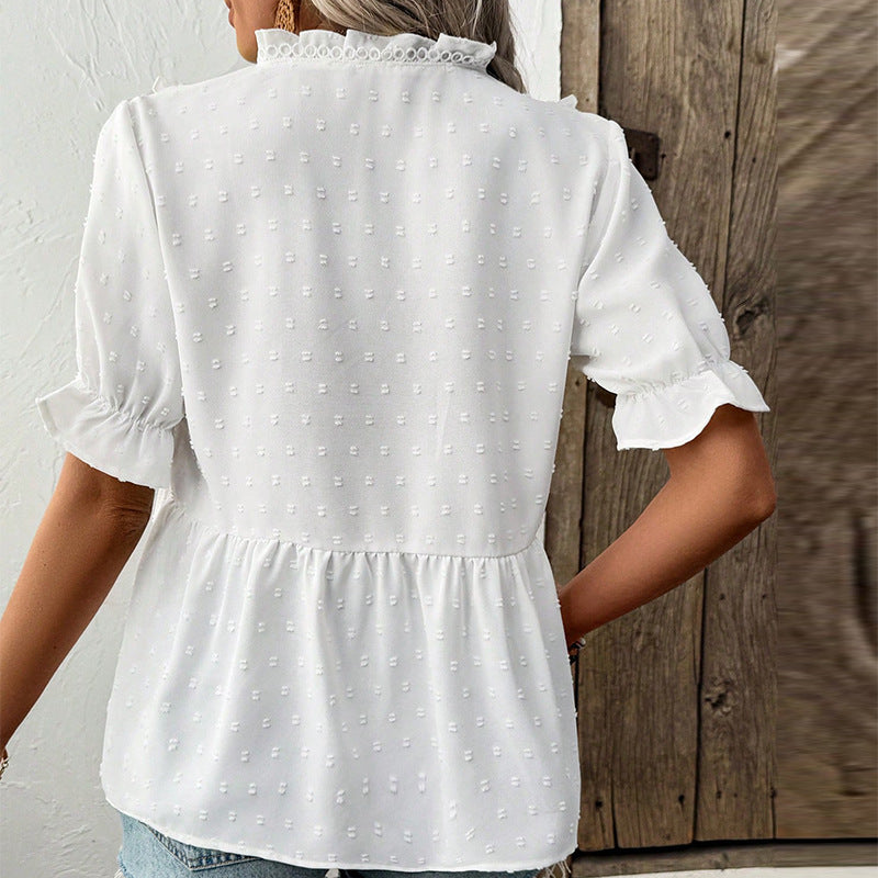 Women's White Lace Short-Sleeve Fur Ball Shirt with Cut Flower Design